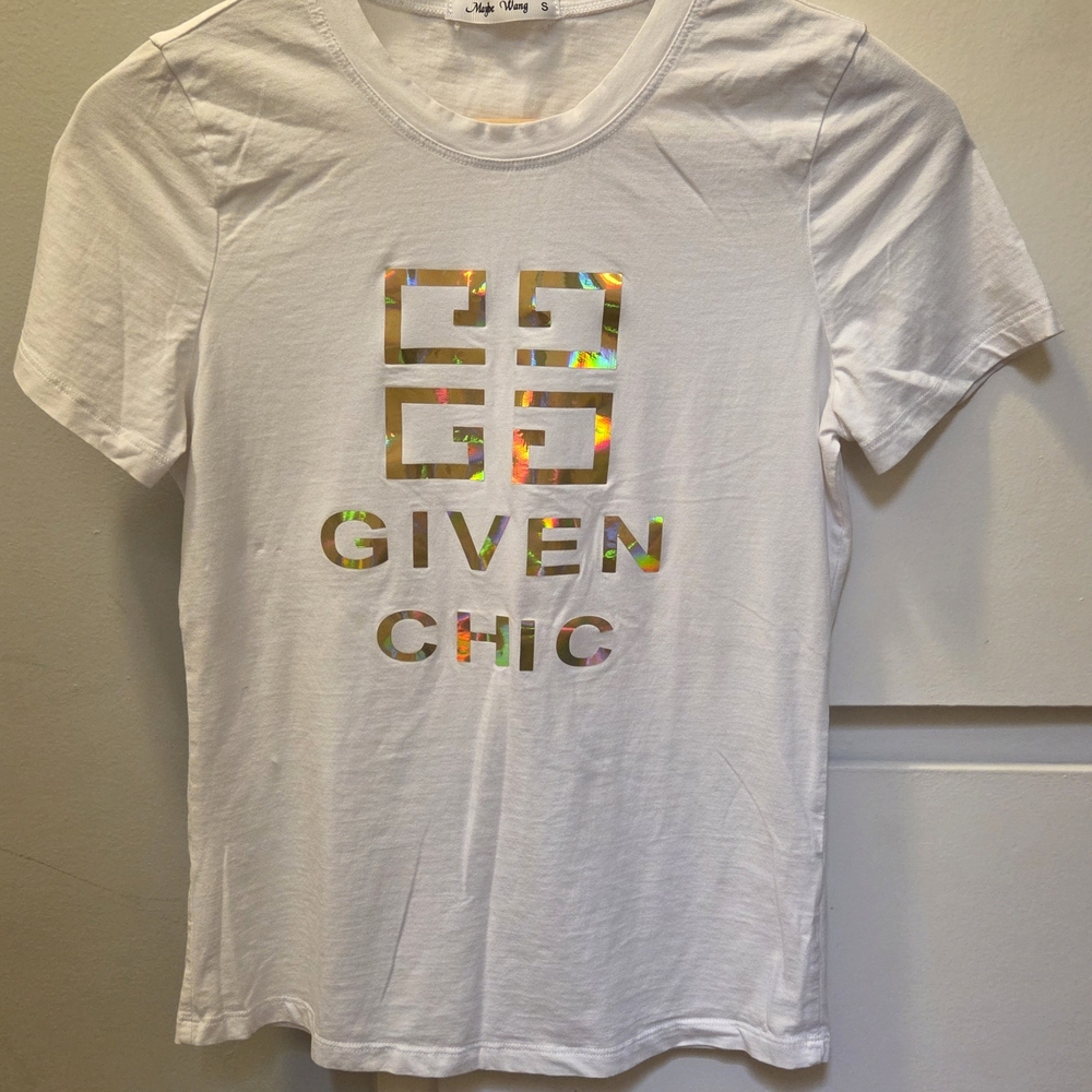 White Graphic Tee with Holographic Design